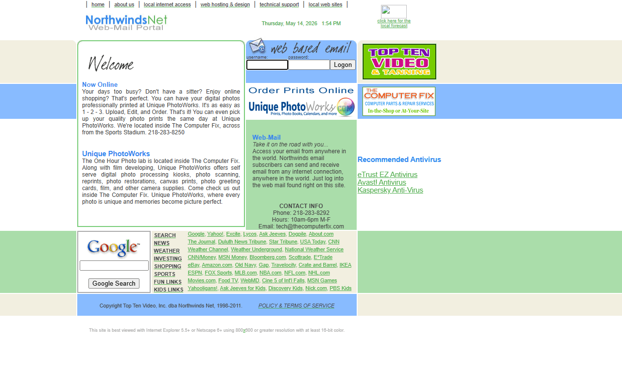 Screenshot of the original Northwinds.net home page: NorthwindsNet wordmark, nav bar, web-mail login, the Unique PhotoWorks promo, the links directory, and the Top Ten Video, Inc. dba Northwinds Net 1998-2011 copyright.