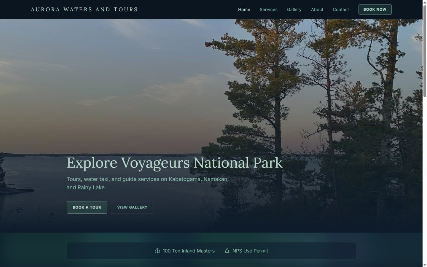 The Aurora Waters and Tours website built by Northwinds, showing the Voyageurs National Park tour and water-taxi homepage.