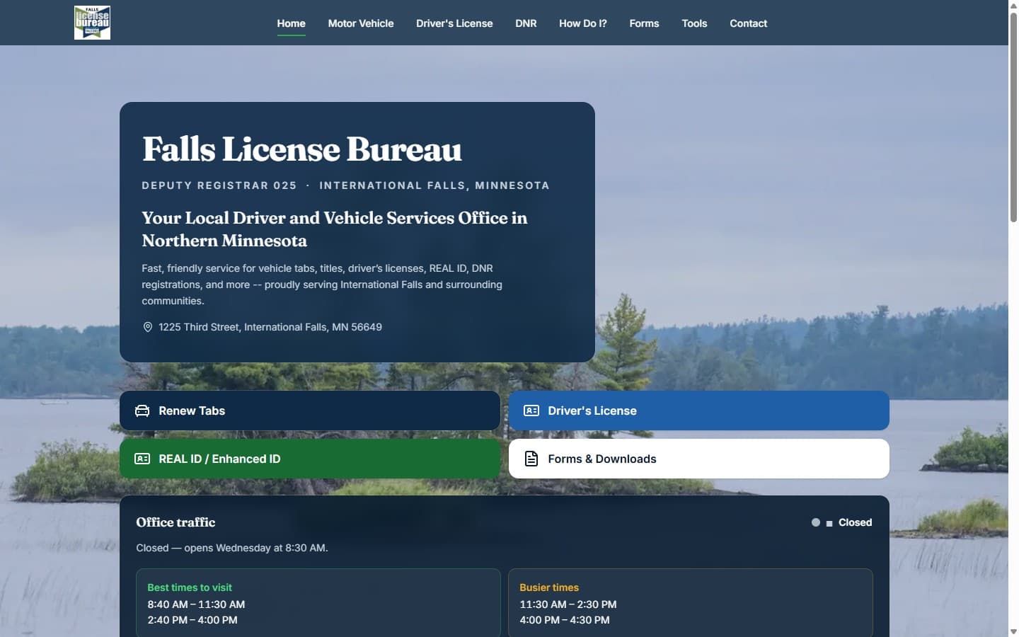 The Falls License Bureau website built by Northwinds, showing the deputy registrar office homepage with quick-access service buttons over a Rainy Lake photo.